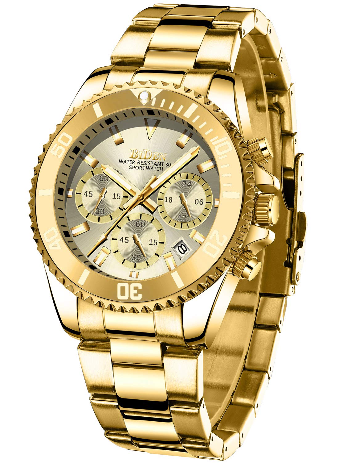 Mens Watches Men Designer Chronograph Military Waterproof Analogue Quartz Watch Men Stainless Steel Wrist Watch Fashion Large Date Watches for Men Gold โ image 1