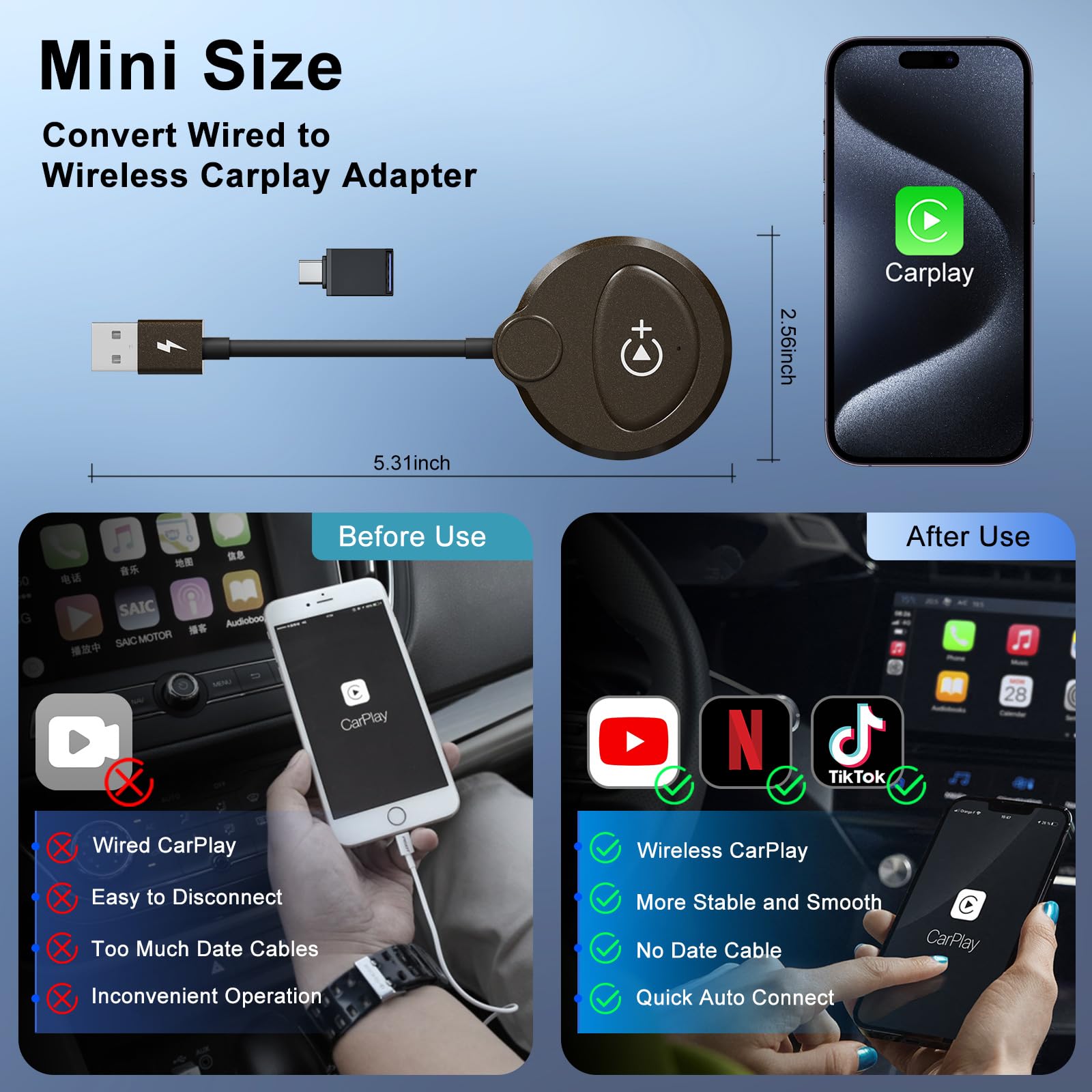 Wireless Carplay Adapter Built in YouTube Net-Flix,Carplay Wireless Magic Box for Wired Car Play to Wire-Less Support YouTube Net-Flix Tiktok Video Play,Easy Plug and Play_Golden