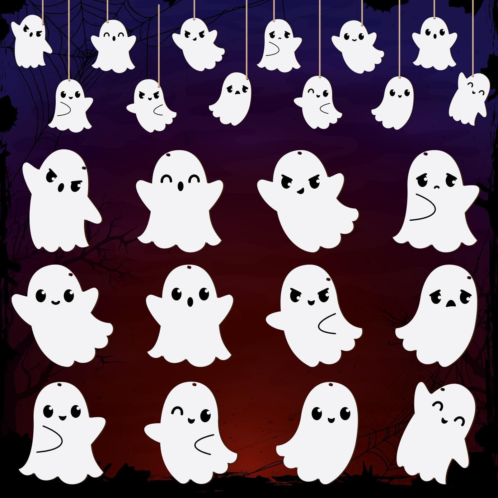 Photo 1 of 24 Pcs Ghosts Wood Hanging Ornaments for Tree - Halloween Wooden Decors with Rope for Party Decoration