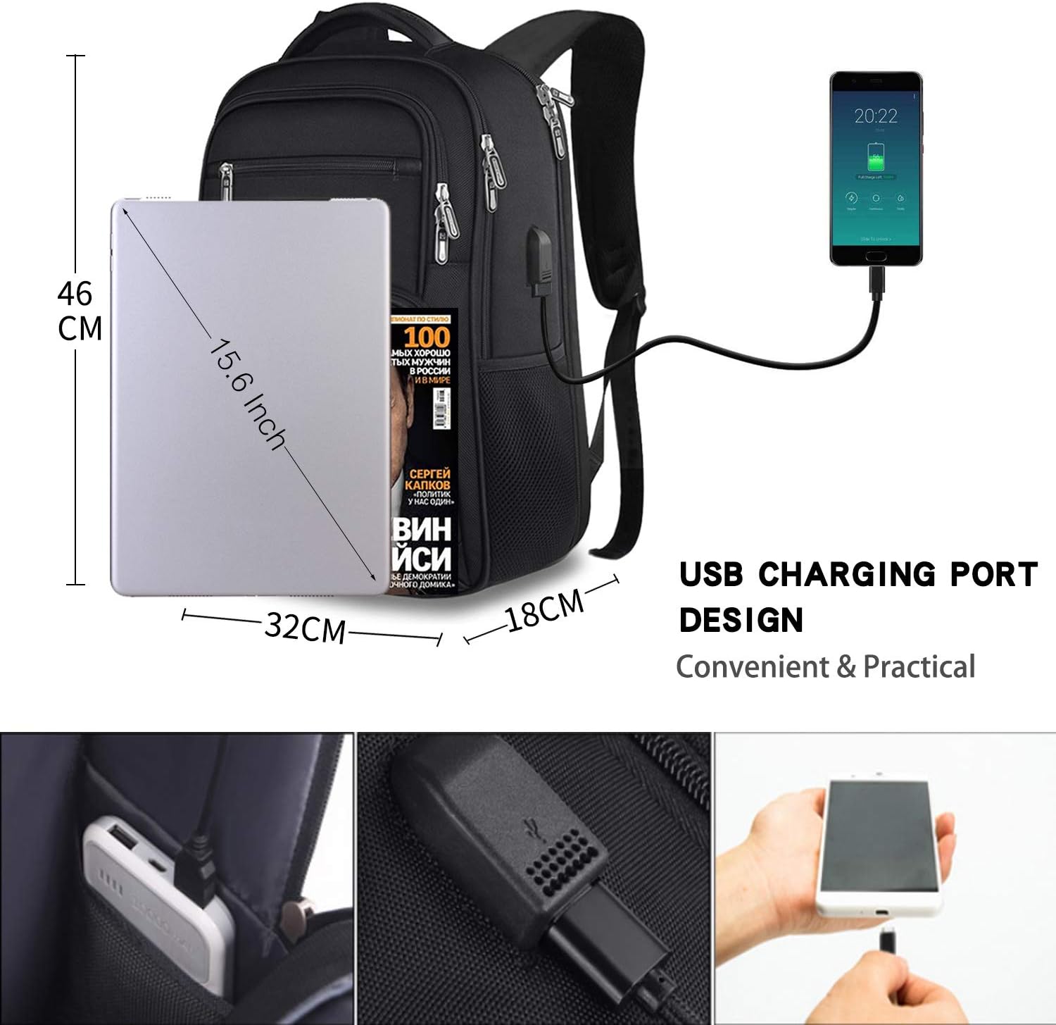 FANDARE Unisex Backpack Business Laptop Daypack Travel Rucksack with USB Charging Port Waterproof College School Computer Bag Bookbag for Women & Men Fits 15.6 Inch Laptop and Notebook New Black - Image 4