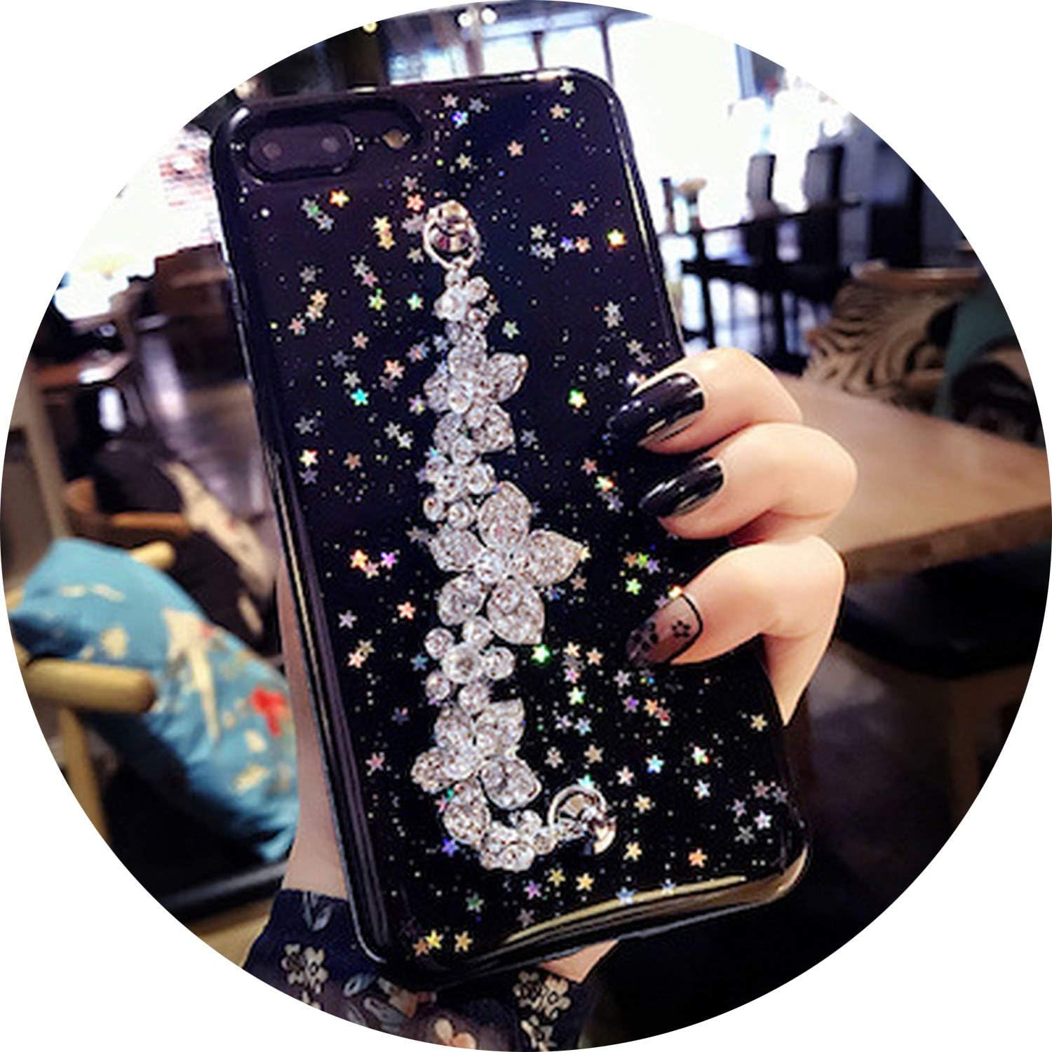 for Samsung Galaxy s7 Edge s8 s9 s10 lite Plus Note 8 9 Fashion Diamond Rose Flower Bracelet Bling Star Soft Phone case Cover,Black,for Galaxy s9plus