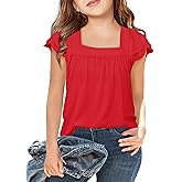 Arshiner Girls Shirts Short Sleeve Square Neck Summer Lace Openwork Pleated Tops Blouse Tunic
