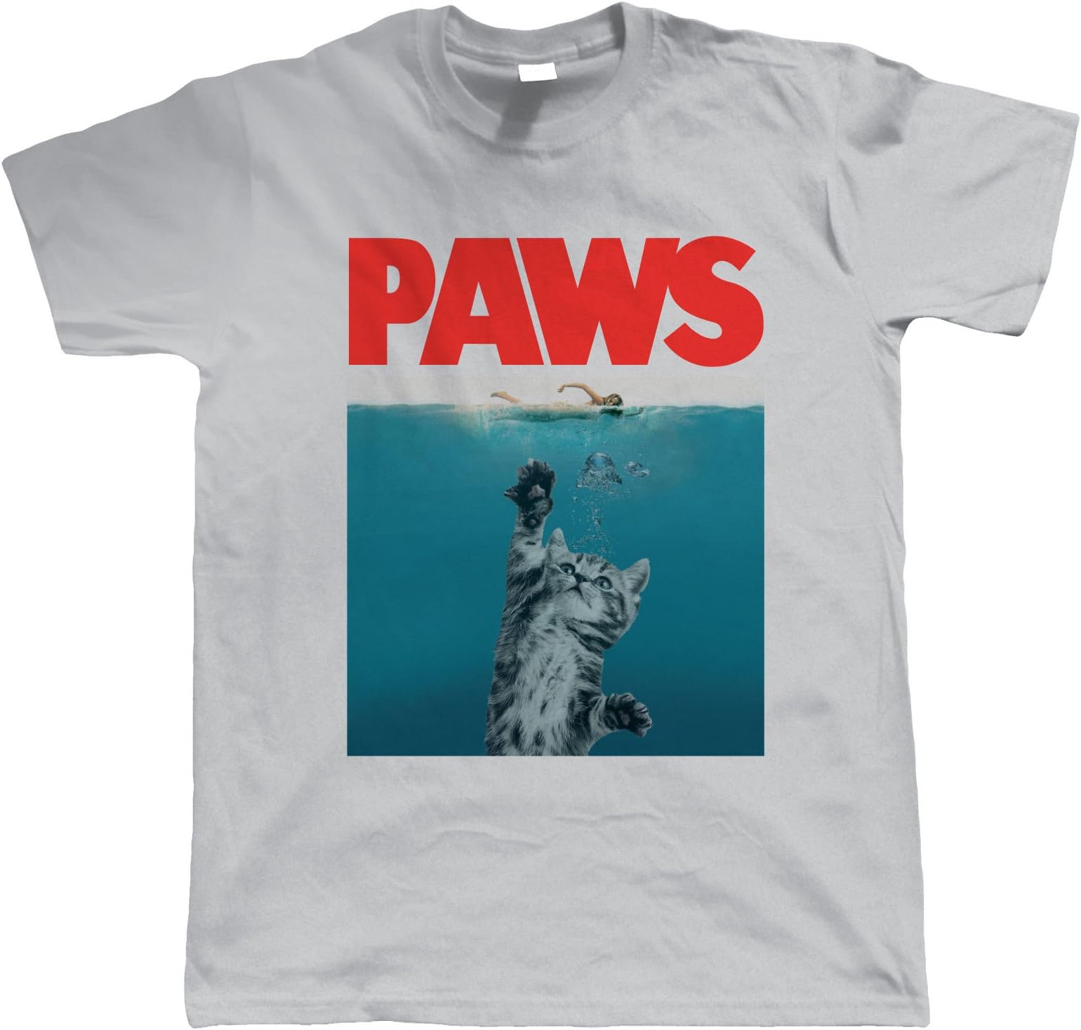 PAWS Funny Mens T-Shirt | Film Poster Parody Chief Brody Hooper Quint Beach Scheider Dreyfuss | Swim Hunt Movie Sci-Fi Retro 70s Spielberg Cat Kitten Lover Fan | TV & Movie Inspired Gift Him Birthday