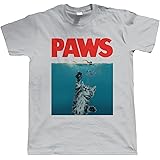 PAWS Funny Mens T-Shirt | Film Poster Parody Chief Brody Hooper Quint Beach Scheider Dreyfuss | Swim Hunt Movie Sci-Fi Retro 70s Spielberg Cat Kitten Lover Fan | TV & Movie Inspired Gift Him Birthday