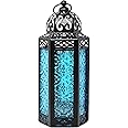 VELA LANTERNS Moroccan Candle Lantern Decorative Candle Holder Lamp for Table or Hanging, Ramadan Decorations, Indoor Home Decor, Outdoor Patio or Porch, Weddings, Black Metal, Blue Glass, Medium