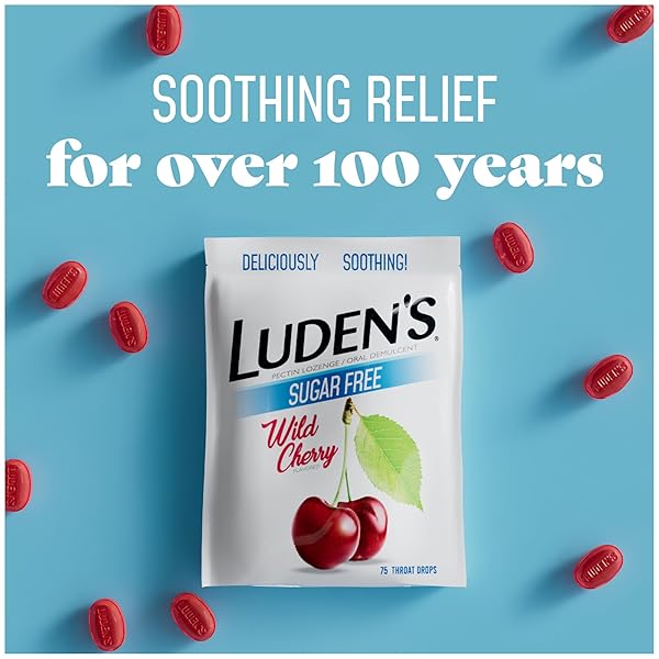 LUDEN’S SORE THROAT DROPS, FOR MINOR SORE THROAT RELIEF, SUGAR FREE WILD CHERRY, 75 COUNT