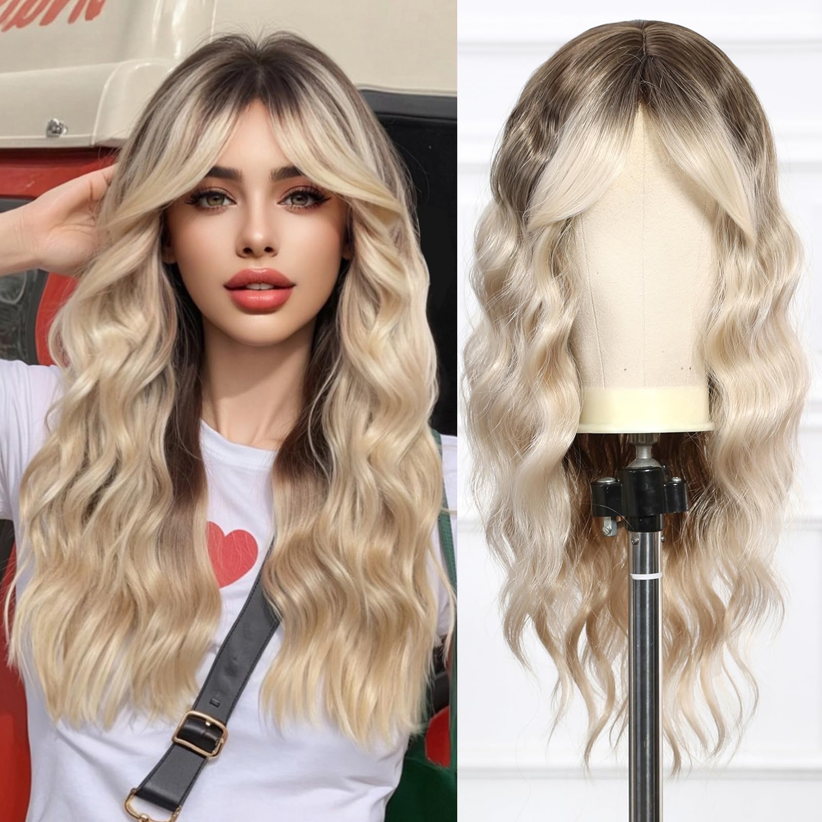 Esmee Long Wave Blonde Wig for Women with Curtain Bangs Natural Synthetic Hair Ombre Wigs for Daily Party Use