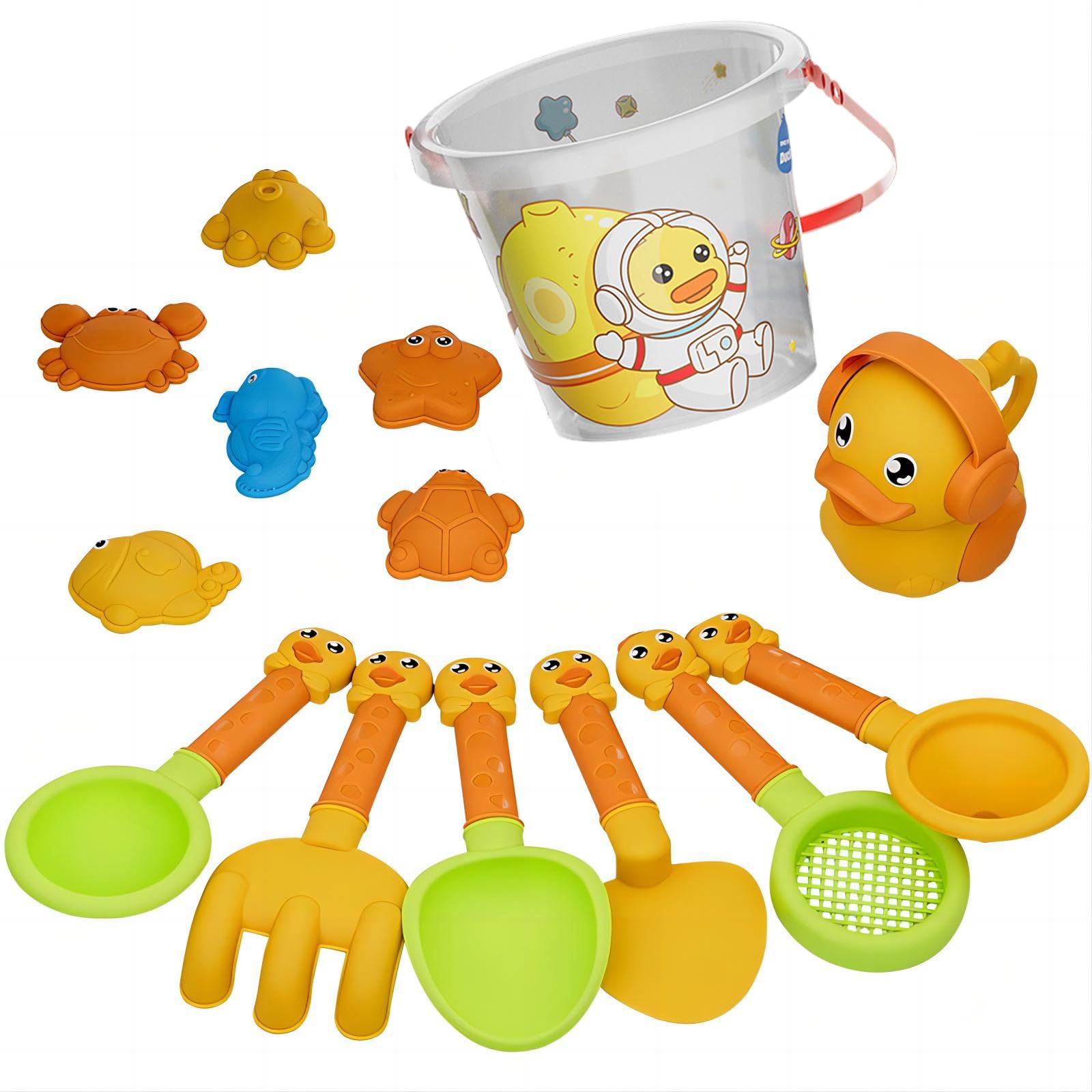 14Pcs Beach Toys Set for Kids, Play Sand Toys for Toddlers Boys Girls, Cute Yellow Duck Outdoor Fun Sand Tools with Bucket and Spade Watering Cans Shovels, Rakes, Molds for Summer Beach Games
