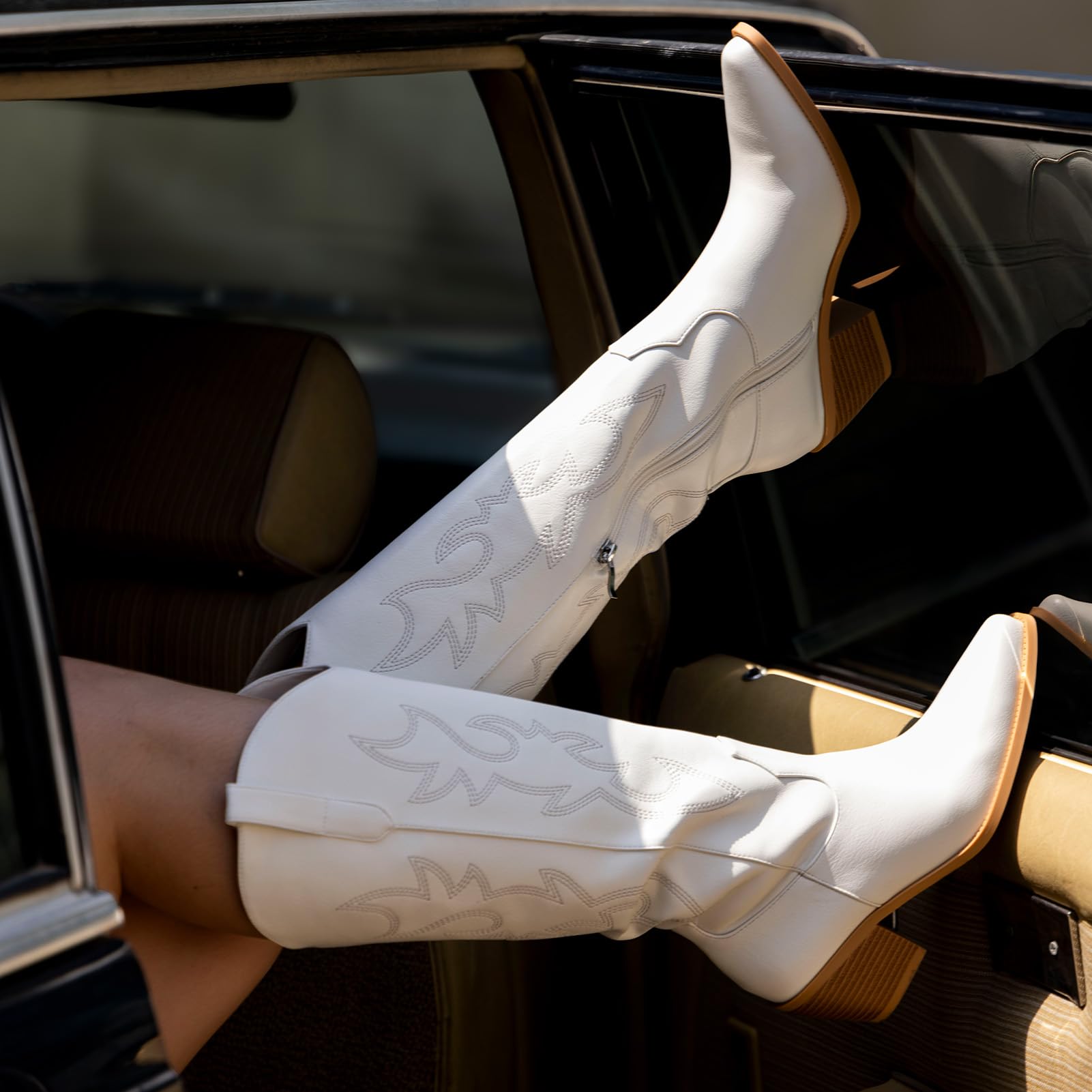 Pasuot Western Cowboy Boots for Women - Knee High Wide Calf Cowgirl Boots with Classic Embroidered, Slip On Pointed Toe Chunky Heel Fashion Retro Classic Pull On Tall Boot for Girls Ladies Fall Winter