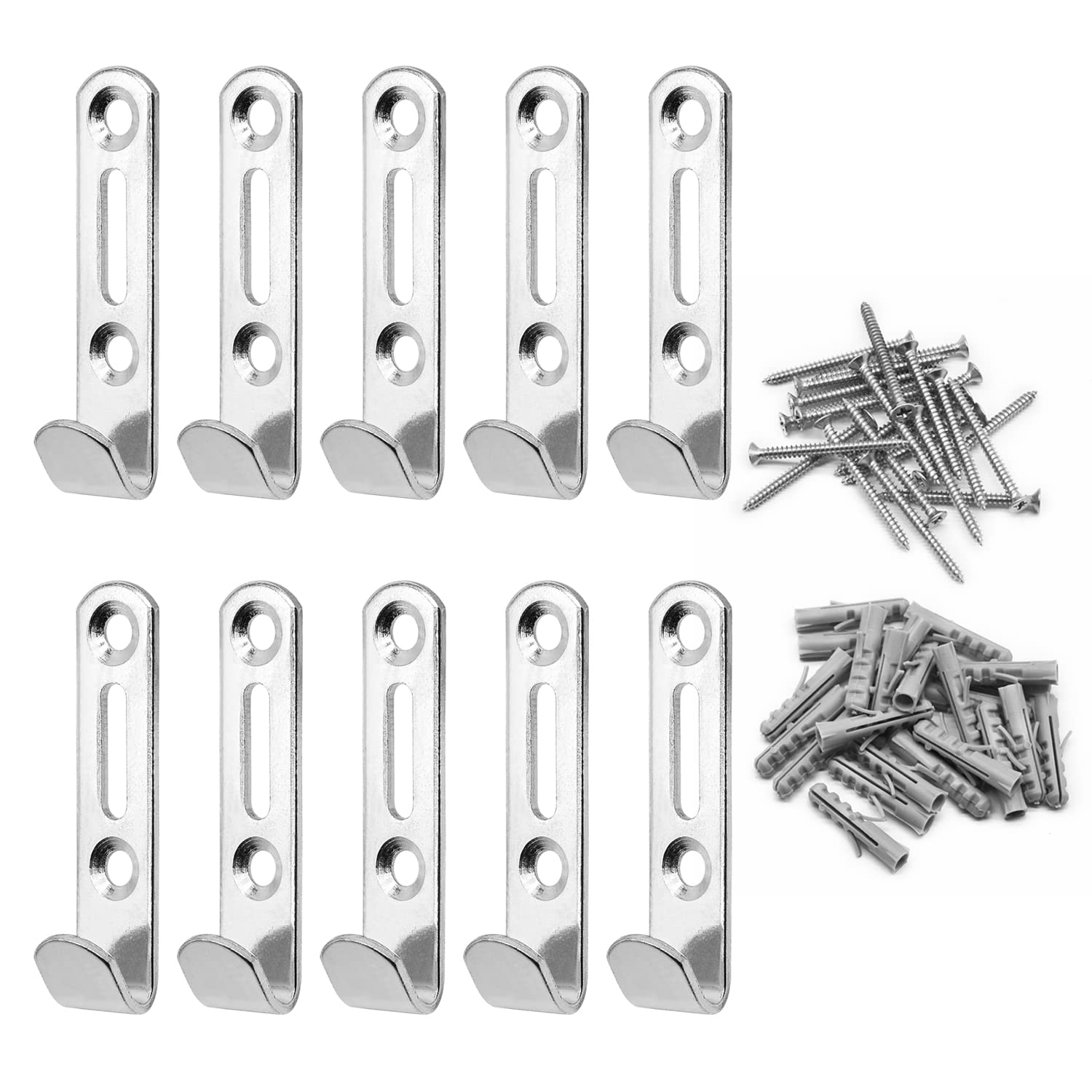 MABAHON 10set Heavy Duty J Wall Hooks Picture Mirror Hanging Hook Silver for Bedroom Kitchen Bathroom for Hanging Clothes Hats Scarves Bags - Can be Hung up to 25 kg