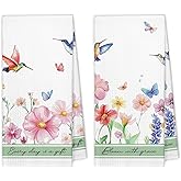XBBMGG Summer Floral Hummingbird Kitchen Towels Set of 2, Spring Wildflower Butterfly Watercolor Dish Hand Tea Towels, Bird Flowers Decorative Towel for Bathroom Kitchen, 16x24 Inch