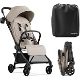 Mompush Nexis Carbon Fiber Lightweight Travel Stroller, Carry-On, Khaki | Lightweight travel stroller for airplane, compact auto-fold, one-hand recline, XL basket, cup holder, rain cover included