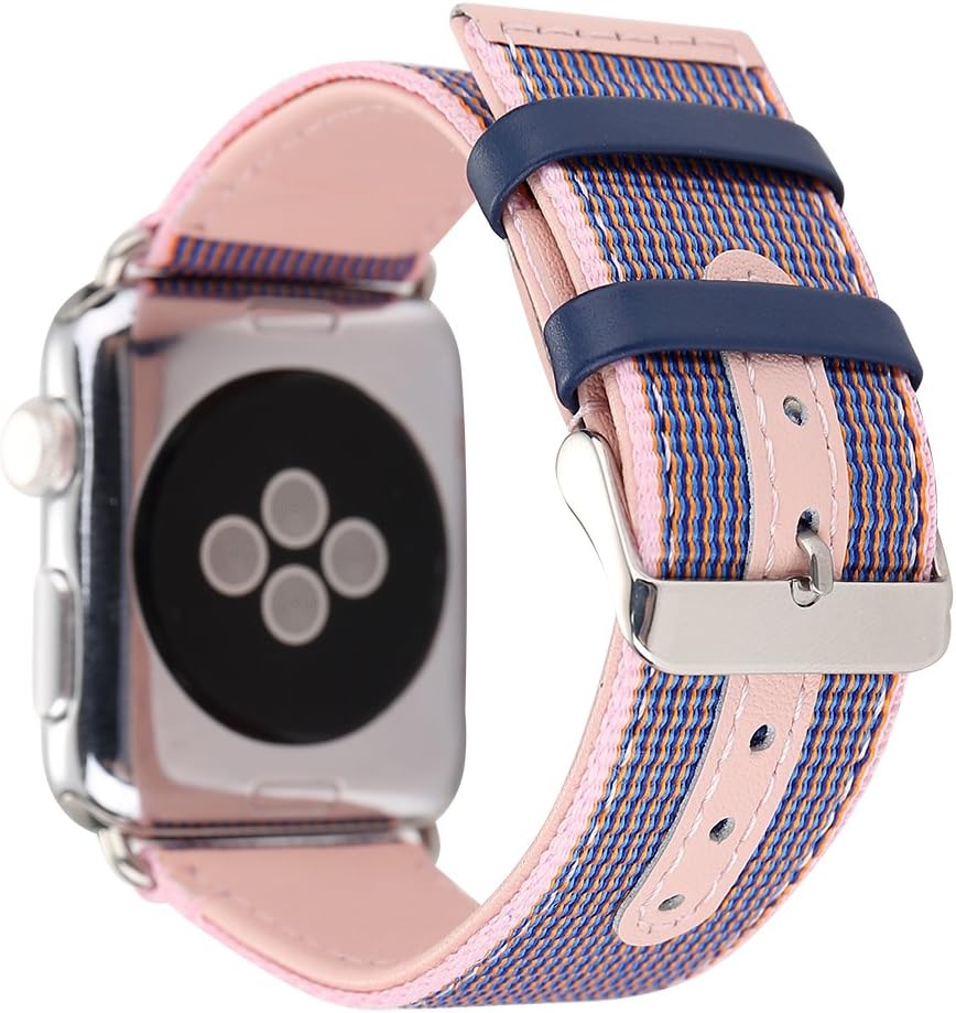 HUANLONG Compatible with Apple Watch Band 38/40/42/44mm, Nylon with Genuine Leather Sport Replacement Strap Wrist Band for iWatch Series 1/2/3/4(Pink/Midnight Blue 38mm)