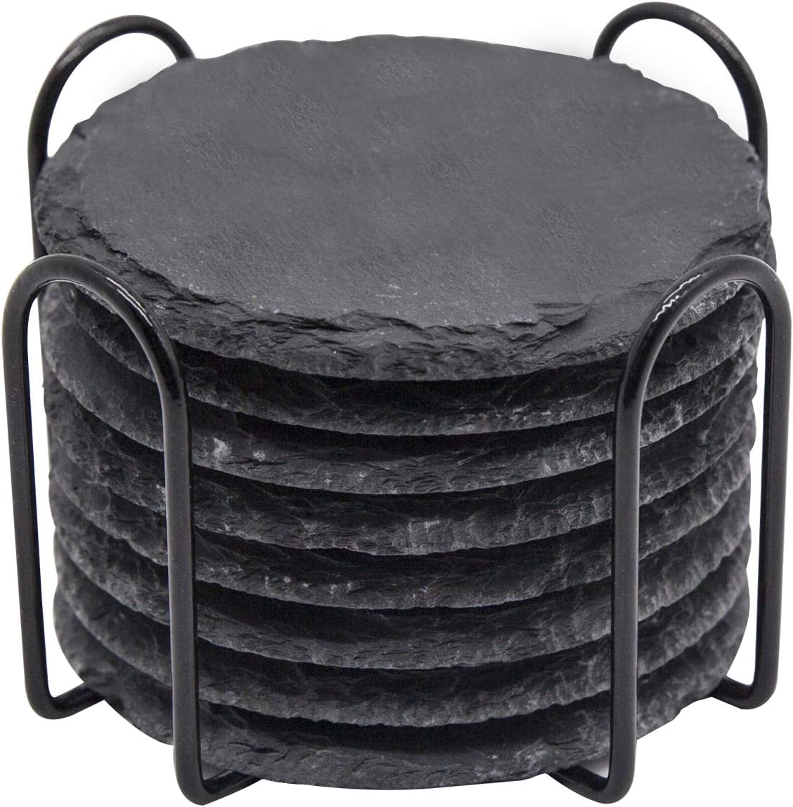 GOH DODD Drink Coasters with Holder, 8 Pieces Rustic Round Slate Stone Coasters 4 Inch Handmade Coasters for Bar and Home, Black: Home & Kitchen