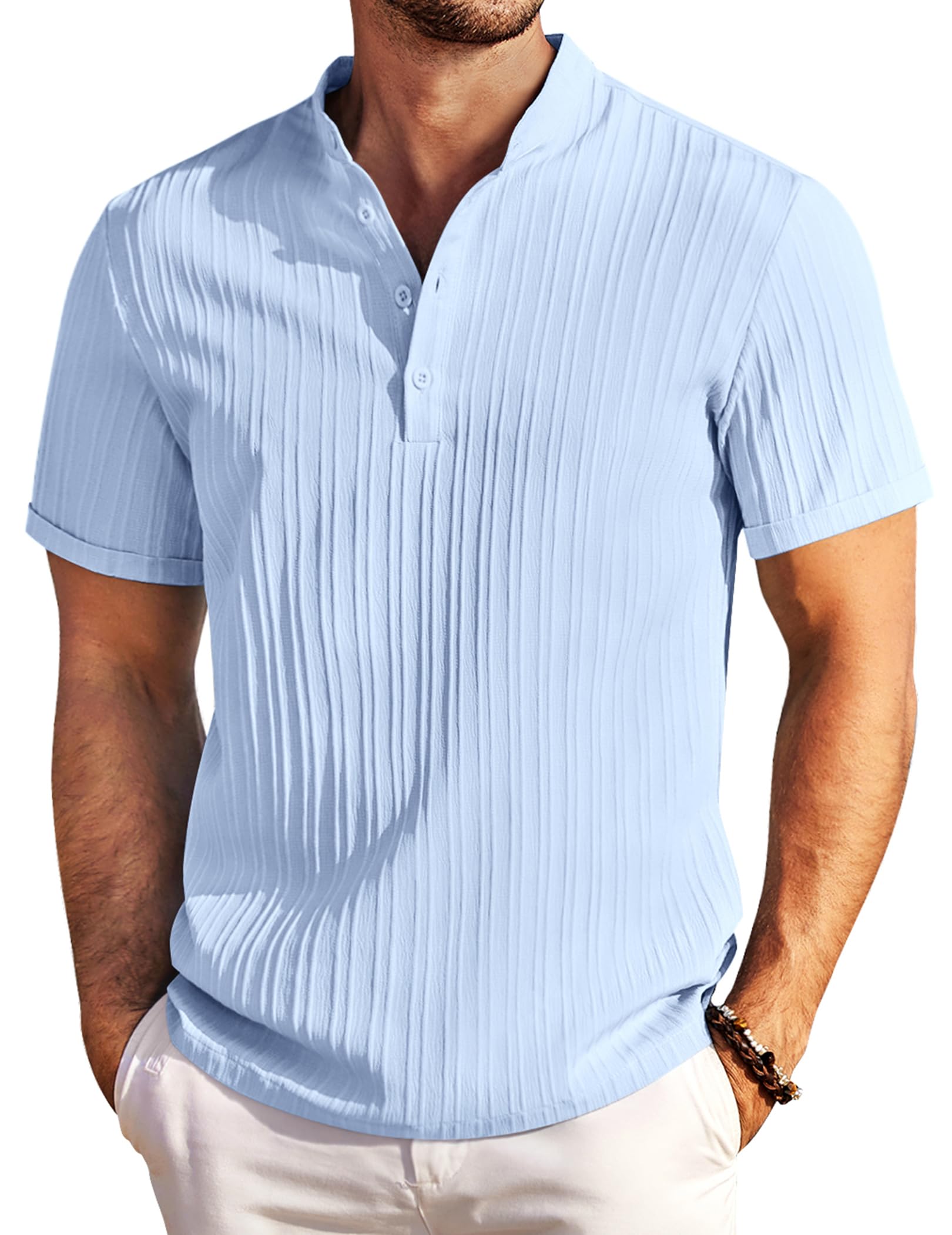 COOFANDY Men Casual Henley Tee Shirt Short Sleeve Band Collar Summer Beach Textured T-Shirt