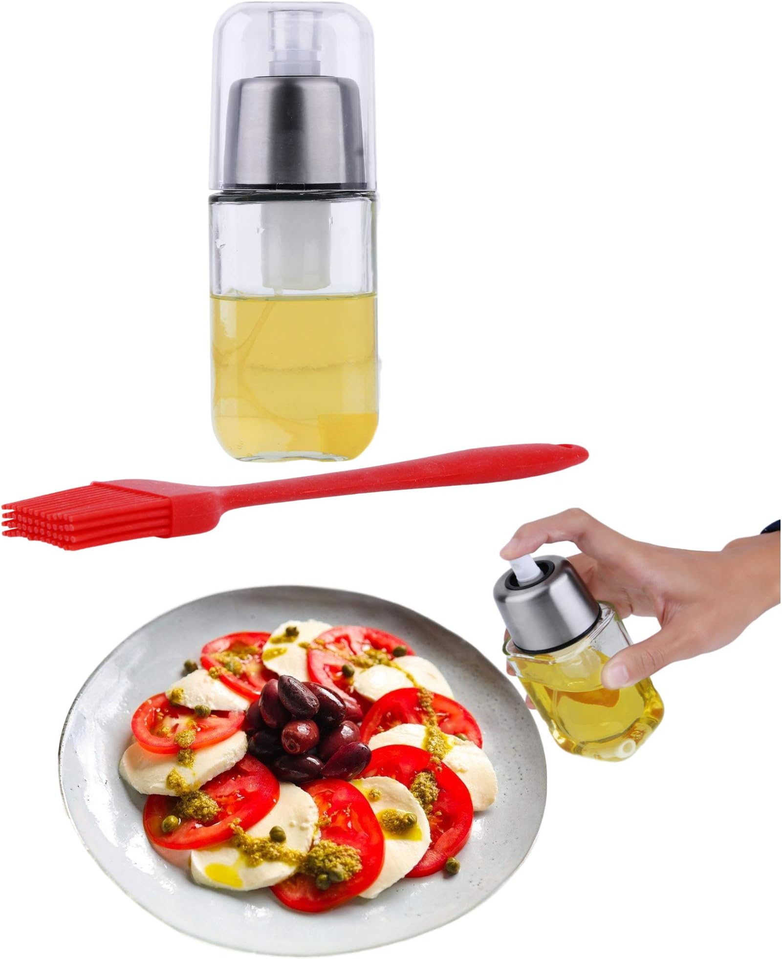 Olive Oil Sprayer Food-Grade Stainless Steel & Glass: Mister Bottle with Oil Brush and Funnel