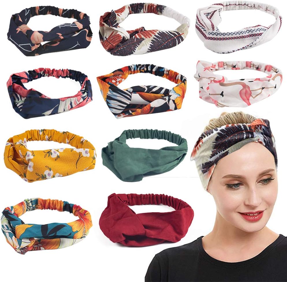 10 Pcs Boho Headbands for Women, Floral Bandeau Headbands Elastic Hair Bands Criss Cross Hair Wrap Hair Accessories