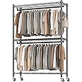 BATHWA Heavy Duty Garment Rack on Wheels, Rolling Clothes Racks for hanging clothes, Simple Sturdy Wardrobe Rack with Double Hanging Rods, 8 Side Hangers, Gray