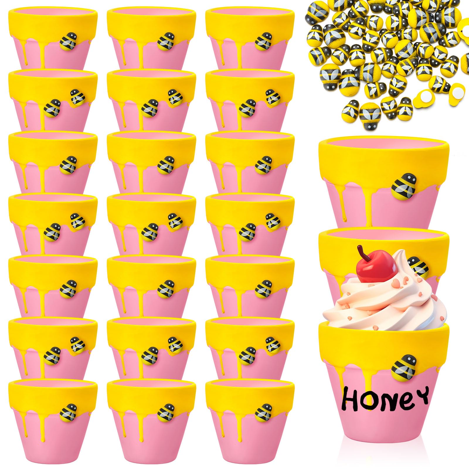 Photo 1 of Yungyan 24 Pack Mini Honey Bee Pots with Bee Charms for Cupcake Planter Ceramic Honey Jars for Baby Shower Guests Wedding 1st Birthday Party Favors (Lovely Style)
