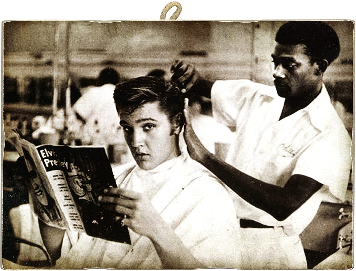 KUSTOM ART Cucuba Picture Picture Picture Vintage Style Elvis Presley at the Salon from the Barber Collection Print on Wood. For Restaurant Pizzeria Bar Hotel 40x30cm