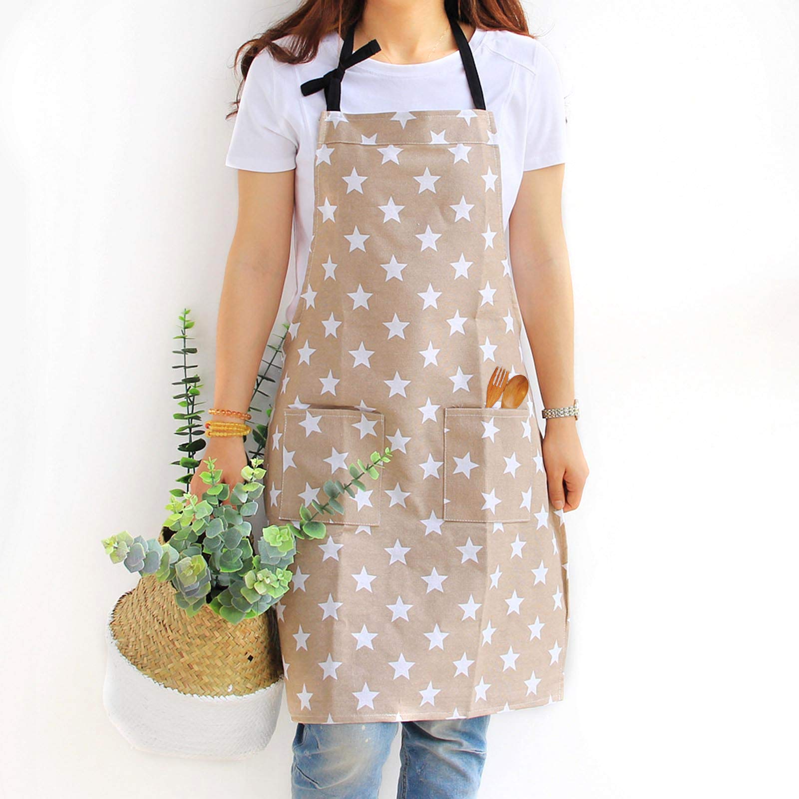 VEGCOO Star Aprons for Women Girls Ladies, Adjustable Cooking Baking Apron Kitchen Bib Apron with 2 Pockets, Cotton Canvas Aprons for Home Kitchen Restaurant Cooking Baking Household Cleaning (Khaki)