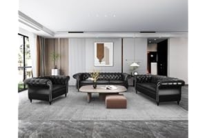 AVZEAR 3-Piece Living Room Sectional Sofa Set, Upholstered Sofa Modern Sofa Couches Set Style Button Tufted, PU Chesterfield Sofa for Living Room Apartment, 1+2+3 Seat PU Black