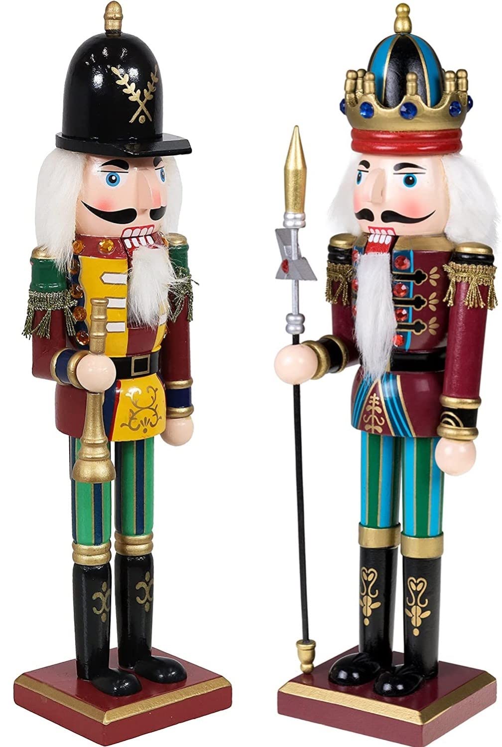 KAHEIGN 2Pcs Wooden Nutcracker Soldiers, 2 Style 30CM Christmas Traditional Nutcracker Figures Premium Pine Wood Painted Soldier for Home Fireplace Christmas Tree Party Decoration (Trumpet & Spear)