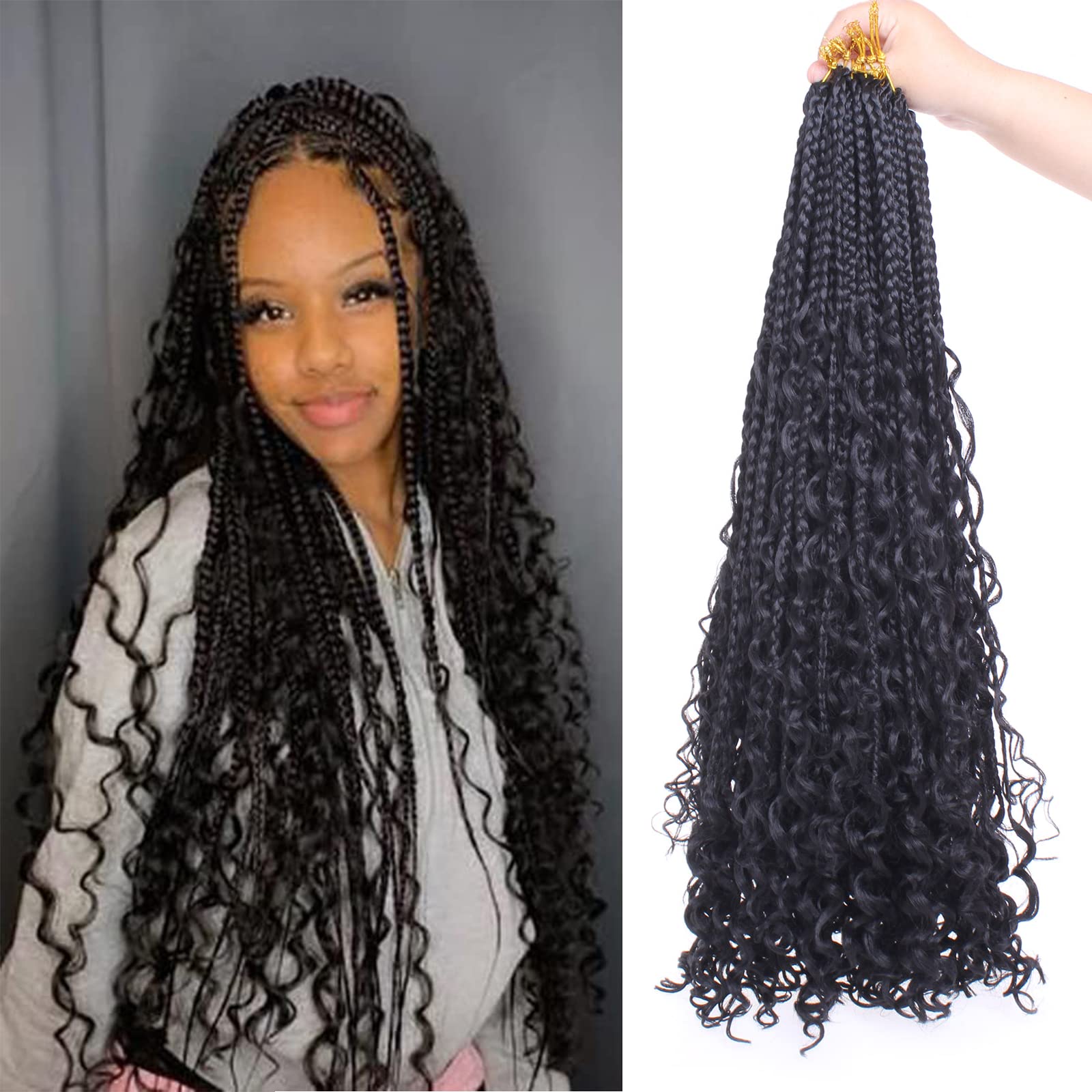 Xtrend 24Inch 8Packs Boho Box Braids Crochet Hair with Curly Hair 15strands/pack Pre Looped Long Black Messy Goddess Box Braids Hair Extensions Individual Synthetic Goddess Locs Hair for Black Women