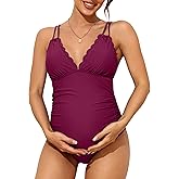 Charmo Scallop Trim Maternity Swimsuit One Piece V Neck Pregnancy Bathing Suit Ruched Swimwear Cutout Tie Back
