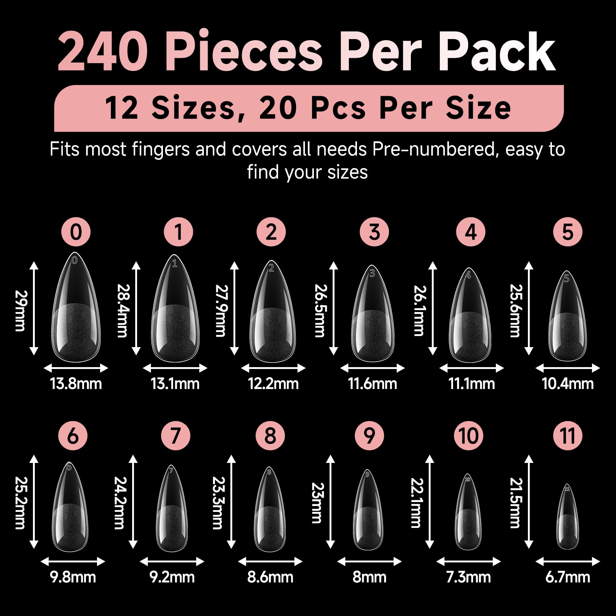 Luckyfairy Stiletto Nail Tips, 240 Pcs Pre-shaped Full Cover False Nails Acrylic Gel Nail Tips Clear Press on Tips Pre-buffed Stiletto Nails, for Nail Art Extension Salon Home DIY 12 Sizes - Image 7