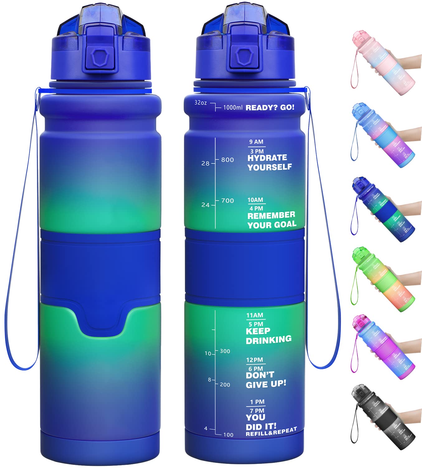 Lunidry 1 Litre Water Bottle, 500ml Kids Water Bottle for School, BPA Free Leakproof Motivational Plastic Drink Bottles with Time Markings, 1l Sports Water Bottles for Running, Gym, Mens