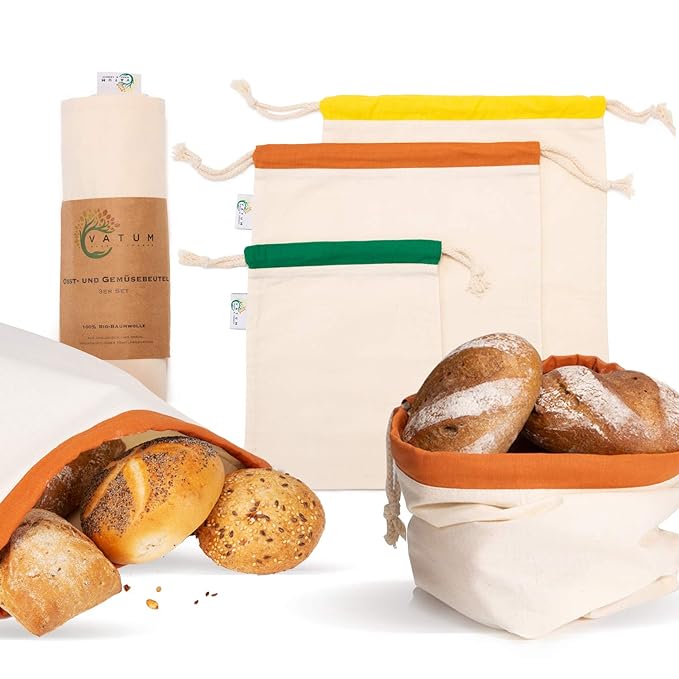 Vatum Brotbeutel - 3er Set Obst- und Gemüsebeutel aus Bio-Baumwolle - Wiederverwendbare Baumwollbeutel für EIN plastikfreies 