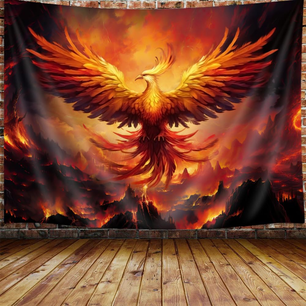 Fantasy Phoenix Bird Large Tapestry for Men, Red Anime Animal Hippie Tapestry Wall Hanging for Bedroom, Aesthetic Cool Tapestry Beach Blanket College Dorm Home Decor (90" W X 70" H)
