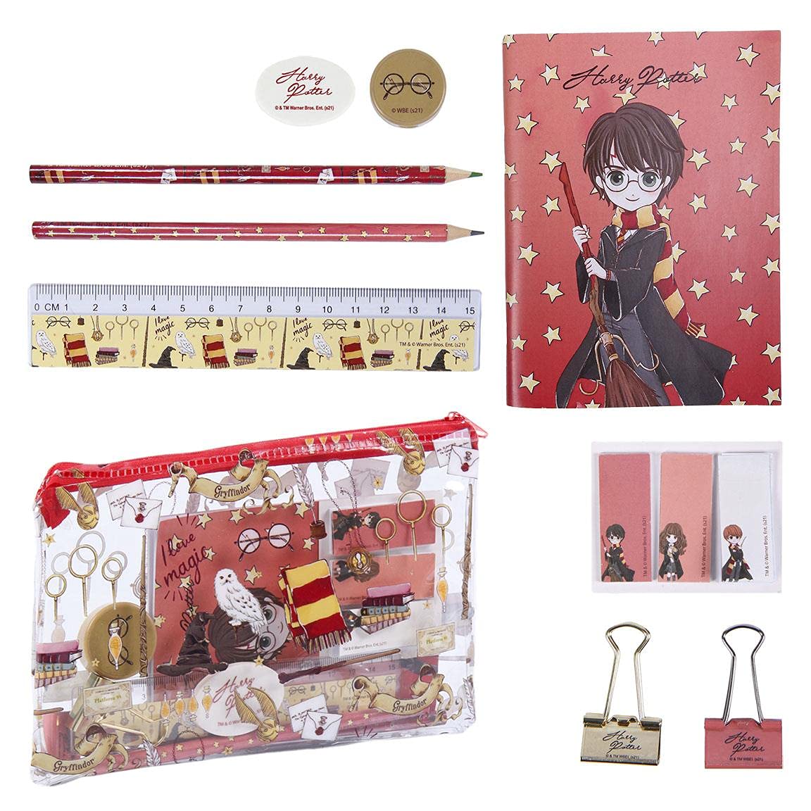Harry Potter Stationery set, including pencils, ruler, A6 notebook, eraser, sharpener, sticky notes, clips, pencil case, school set