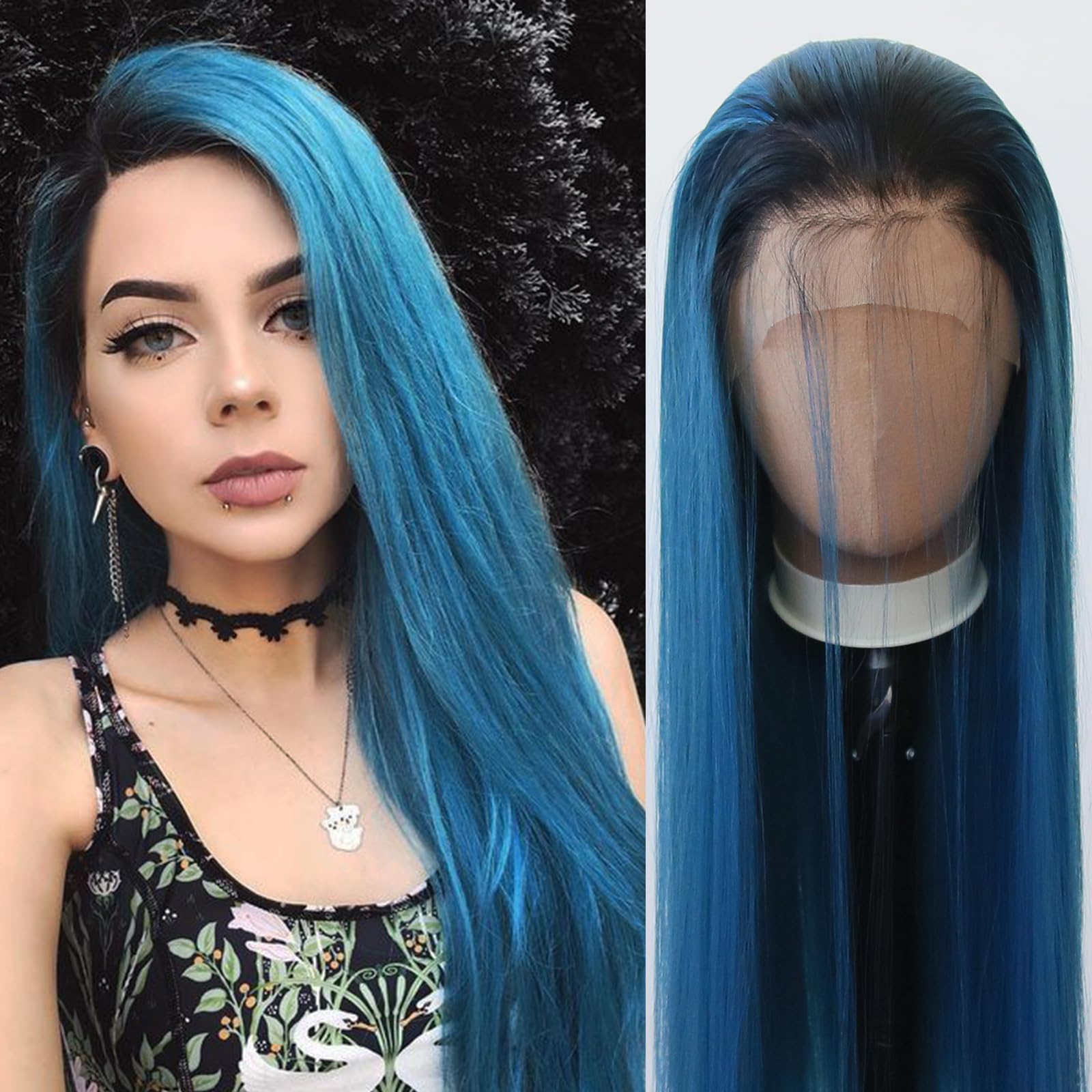 Towarm Ombre Blue Lace Front Wig - Synthetic, Long Straight, Pre-Plucked Natural Hairline with Baby Hair for Women - Cosplay & Daily Wear