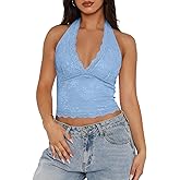 Women Sexy Cropped Halterneck Lace Top Sleeveless Backless V-Neck Lace Trim Crop Top Slim Fit Summer Tanks