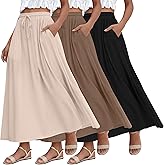 Ficerd 3 Pack Women's Maxi Long Skirts, Ankle Length a Line Elastic High Waist Summer Casual Drawstring Skirts with Pockets