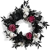 WDS WONDROUS Halloween Skull Wreath for Front Door, Decorations Outdoor | 22in Black Wreath, Wine Red Rose, Gothic Halloween Decor, Artificial Flowers, Perfect For Farmhouse Party Home Wall Mantle