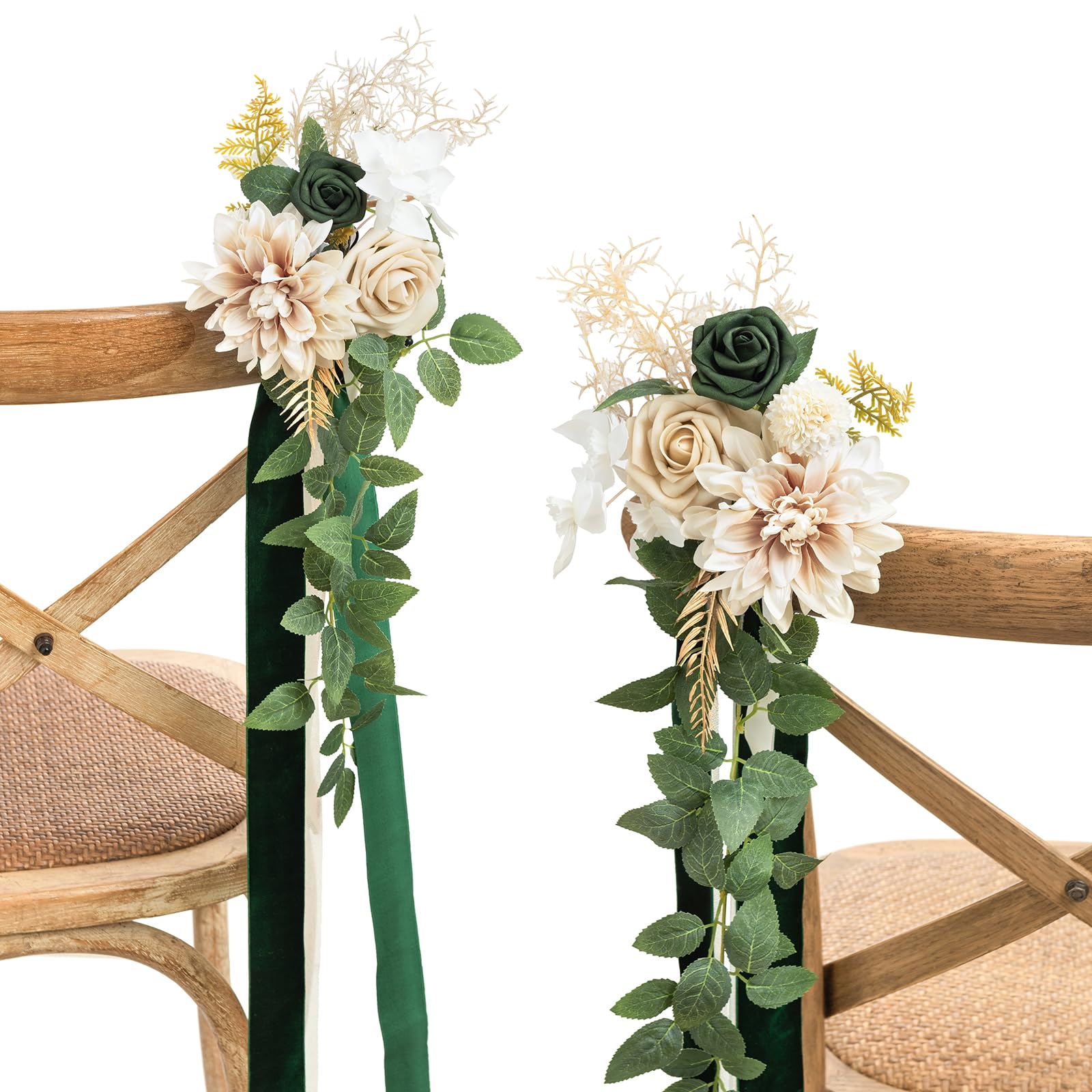 Photo 1 of Ling's Moment 8 Wedding Aisle Pew Artificial Flowers Arrangements Emerald Tawny Beige for Ceremony Chair Back Floral Decorations with Chiffon Ribbons Reception Church Rose Faux Hanging Party Outdoor