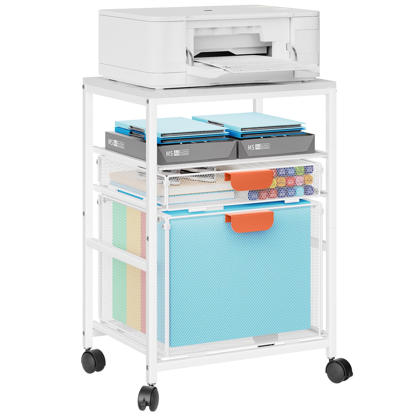 Photo 1 of Marbrasse Rolling File Cart with Handle, Mobile File Cabinet on Lockable Wheels, Office Filing Cabinet Organizer, Printer Stand with Hanging File Folder Organizer for Home Office - White