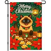 IVN Christmas Garden Flag 12x18 Inch Double Sided Siamese Cat with Poinsettia Flowers Lanterns and Christmas Cookies Outdoor Yard Flag for Outside Home Front Door Lawn Porch Patio Welcome Decor