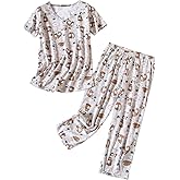 Inadays Womens Cotton Pajama Sets Short Sleeve Top With Capri Pants 2 piece sets for Women Summer Pajamas Lounge Set