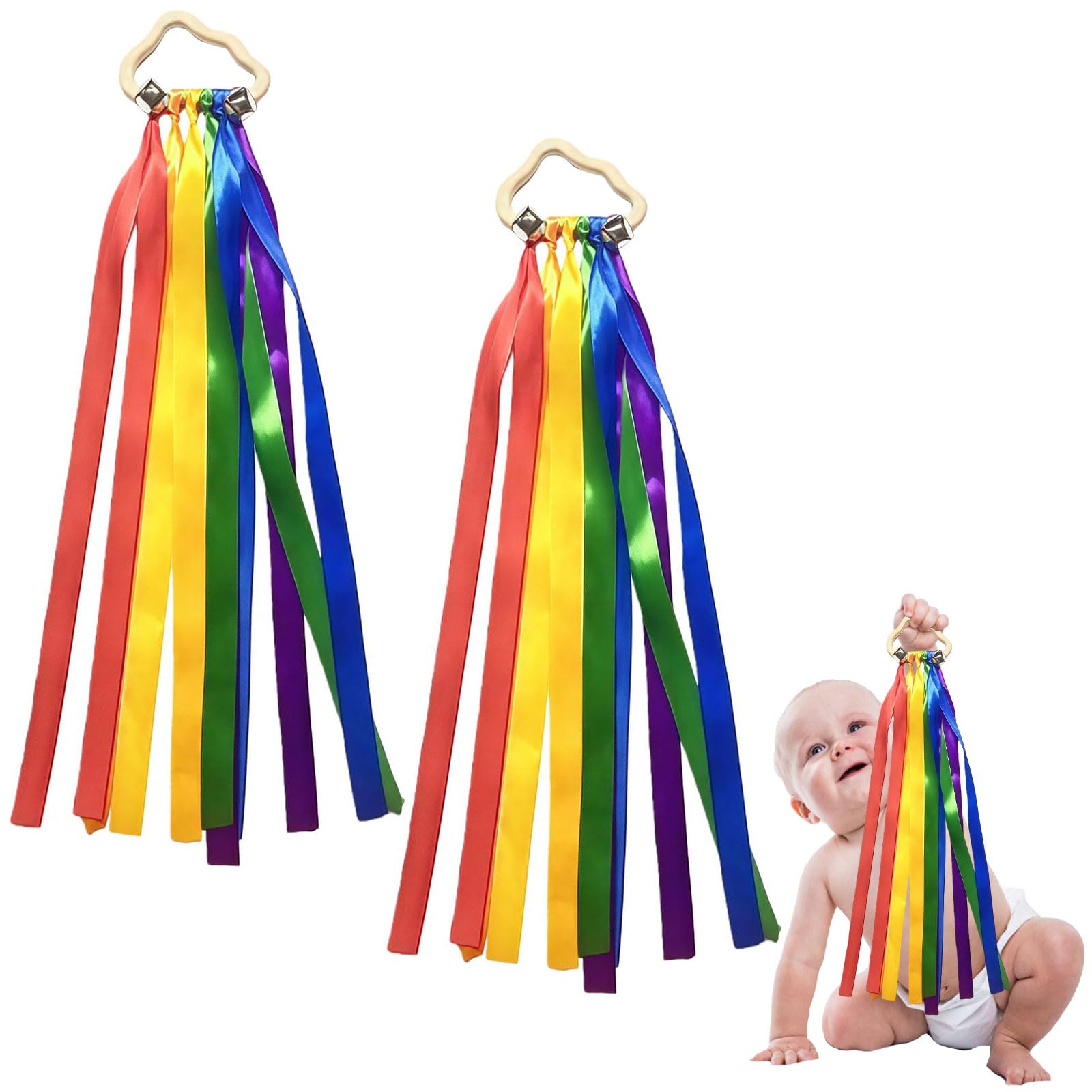 Ribbon Ring Toy, Wooden Baby Toys with Rainbow Ribbons and Bells, Ribbons Rattle Toy, Sensory Teething Wooden Ring