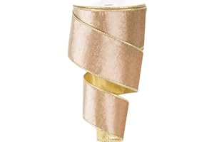 BUVANE 2.5Inch X 10 Yards Christmas Velvet Ribbon,2.5" Wide Wired Ribbon for Christmas Crafts Decoration, Wrapping Crafts (Champagne Gold)