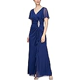 Alex Evenings Womens Women's Long Surplice Neckline Mother of The Bride Dress with Flutter Sleeves and Hip Embellishment
