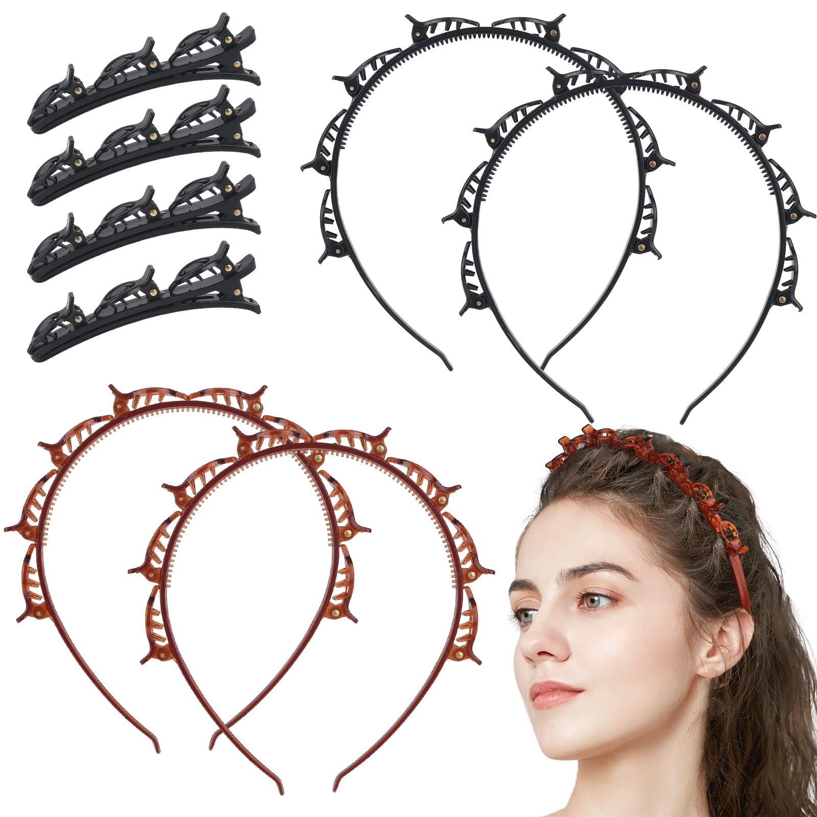 Pack of 4 Headband with Clips, Braided Headband with Clips, Bangs Headband with Clips, Headband with Clips with 4 Hair Clips for Women, Girls (Black + Brown)