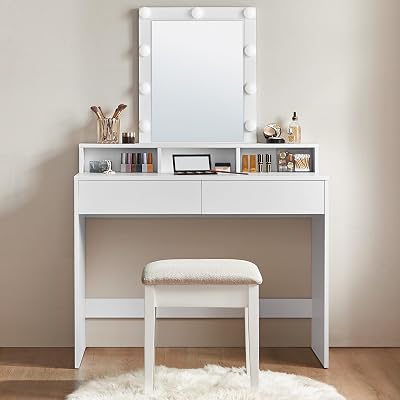VASAGLE KAILYN Dressing Table with Mirror LED Light 2 Drawers White