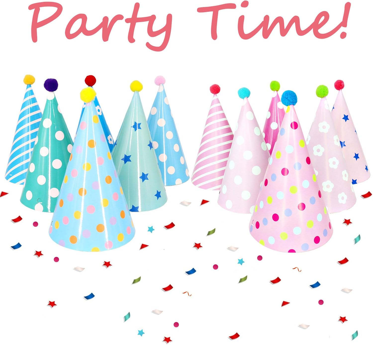 Beurio Kids Happy Birthday Paper Party Cone Hats with Pom Poms, 12ct: Clothing