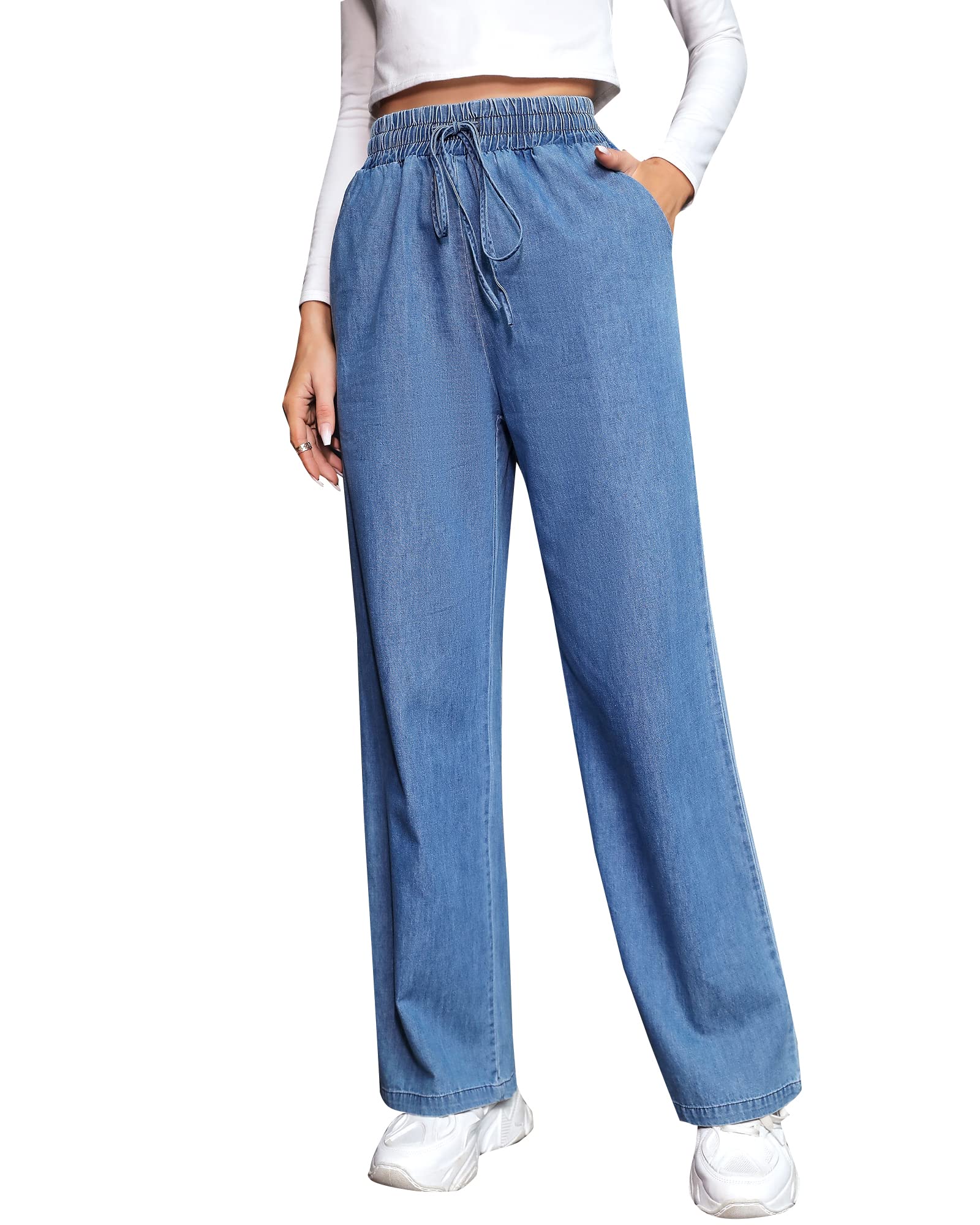 Photo 1 of Love Welove Fashion Wide Leg Jeans for Women Elastic High Waisted Pull On Drawstring Baggy Denim Pants Plus Size medium 