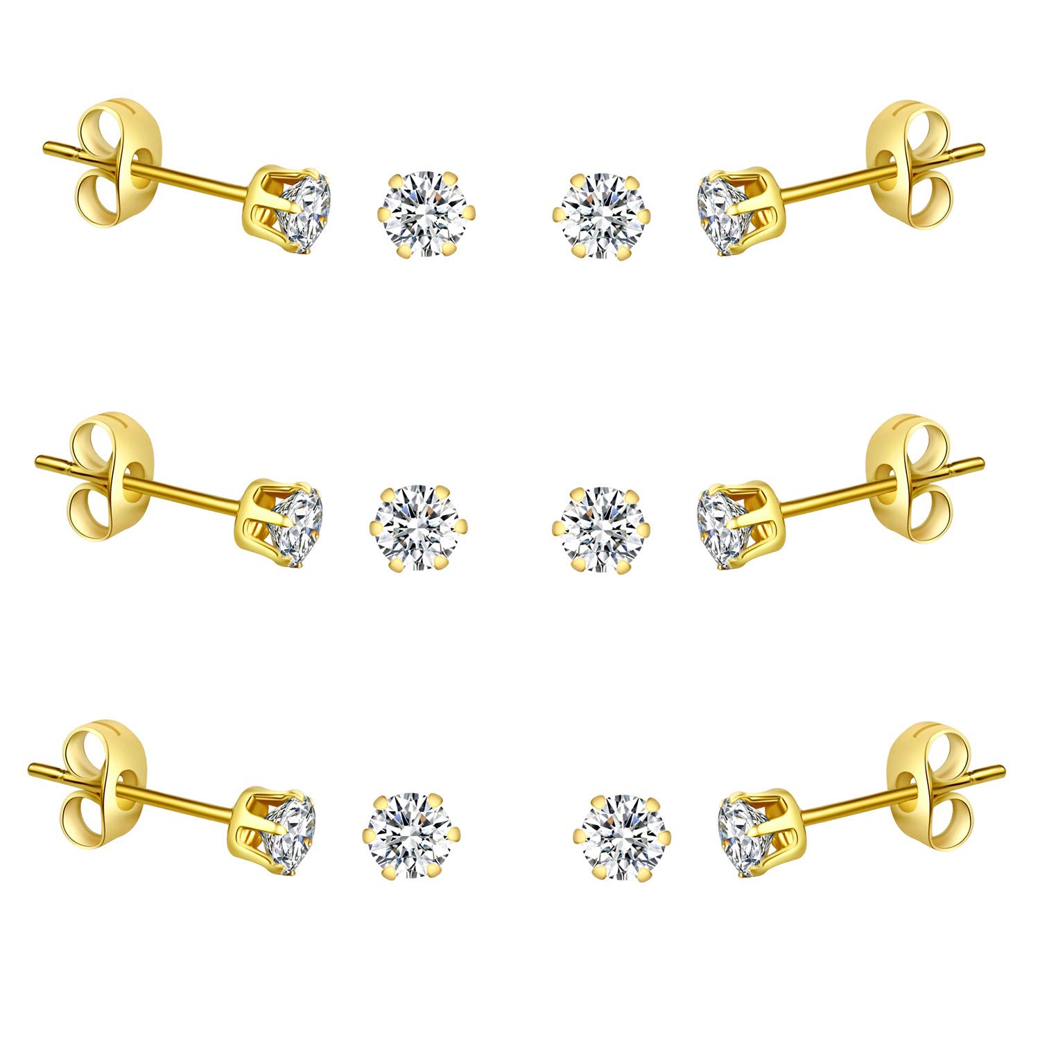 FOSIR 6 Pairs 4mm Women's 14K Gold Plated Stainless Steel Round Clear Cubic Zirconia Stud Earrings, 4mm CZ